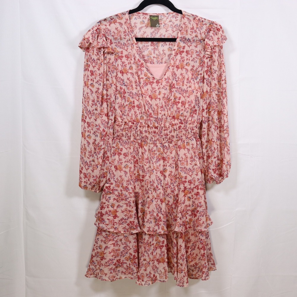 Taylor Floral Ruffle Dress 10 Pink Womens Cottagecore Tiered